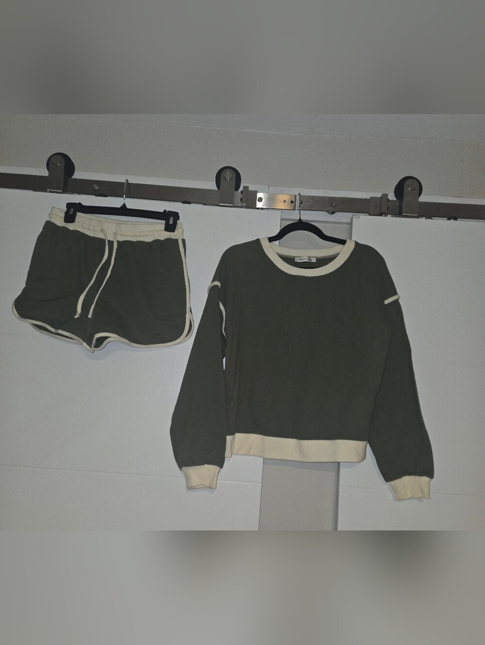 Zenana Outfitters Olive Green Lounge Set with Cream Trim